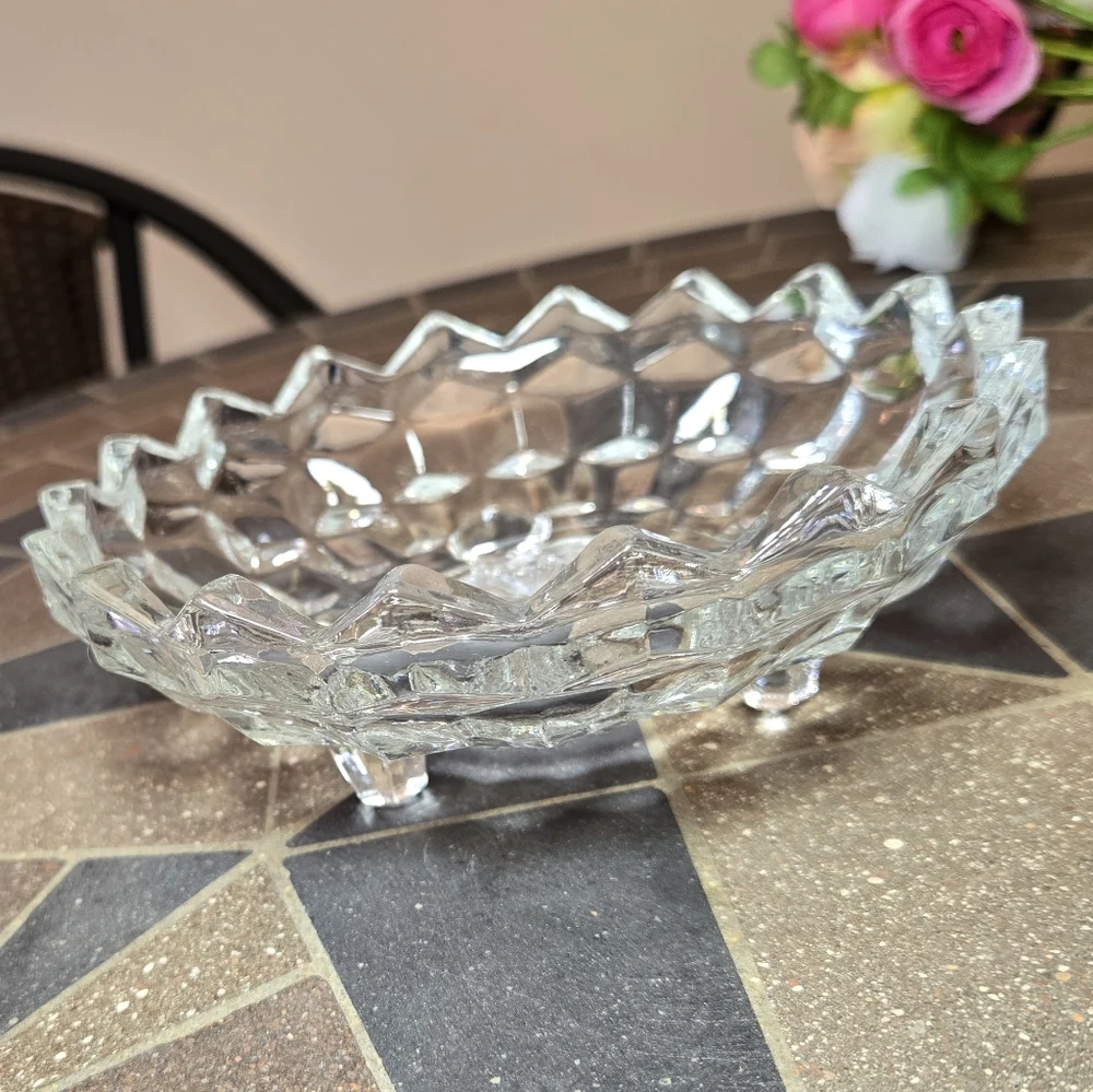 Clear Glass Cubist Tri-Footed Bowl